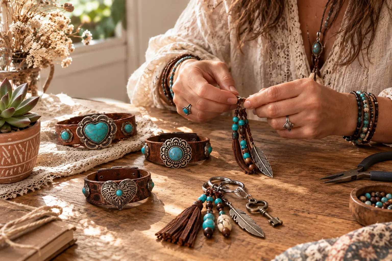 Bracelet en cuir et turquoise, création artisanale Terre de Bohème
